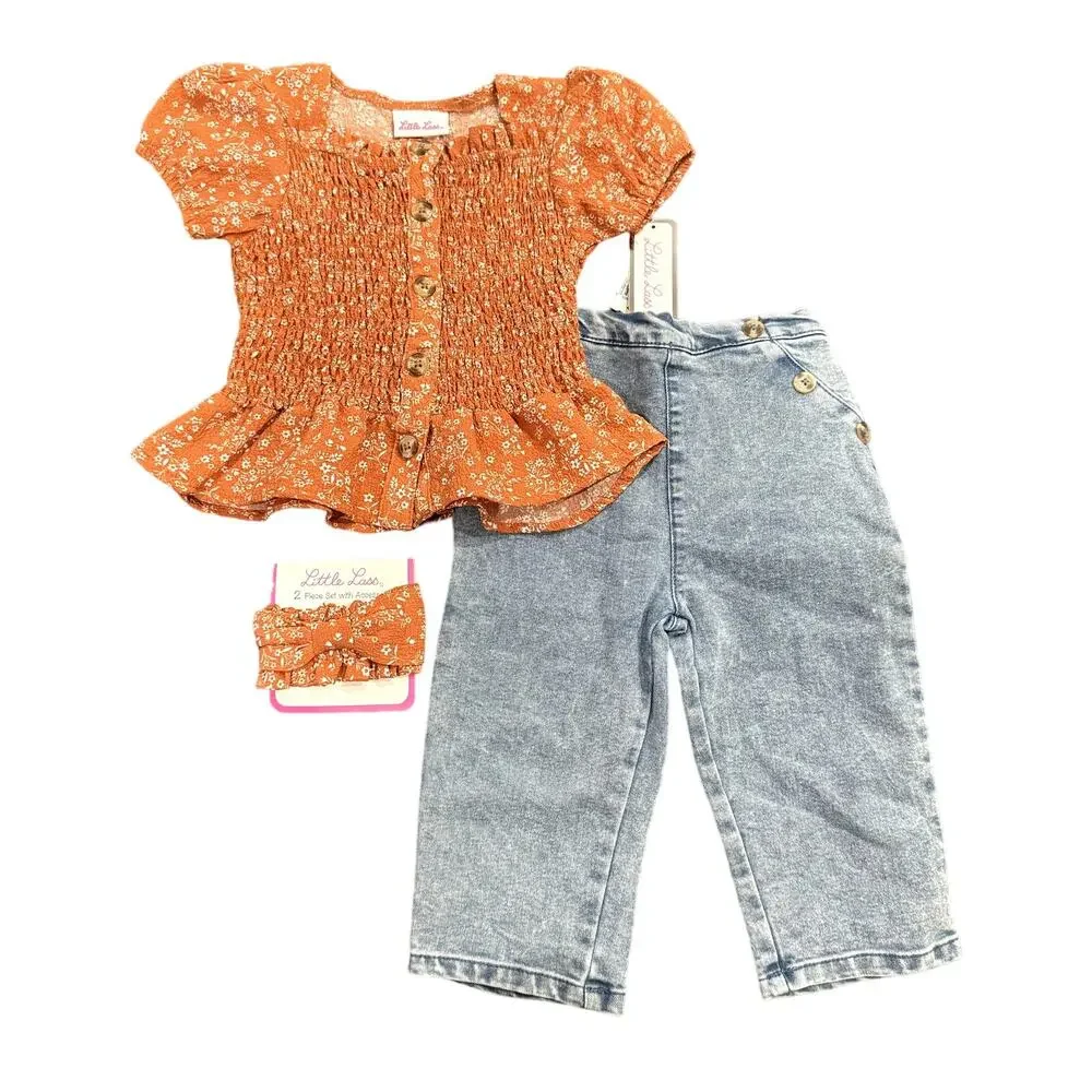 Little Lass Girls 3-Piece Outfit Top, Jeans and Headband in Orange/Blue, Size 4T